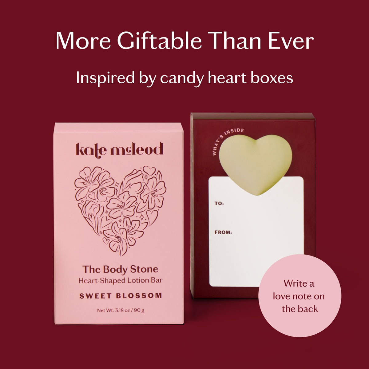 Heart-shaped lotion bar packaging with a heart-shaped card on a red background