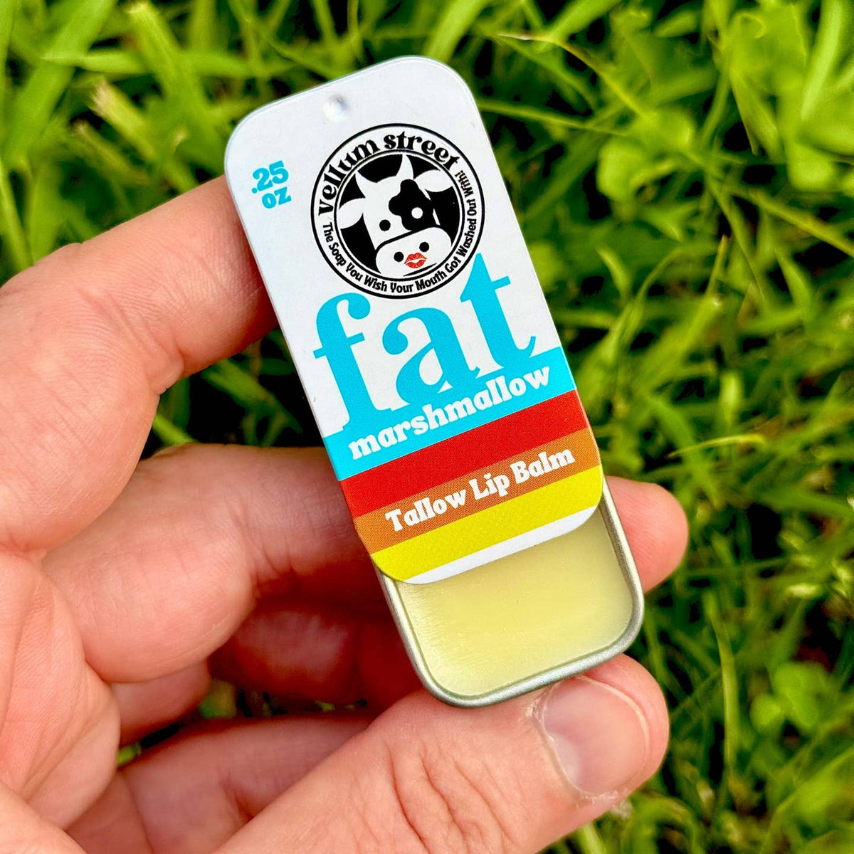 Hand holding a lip balm with a colorful label against a grassy background